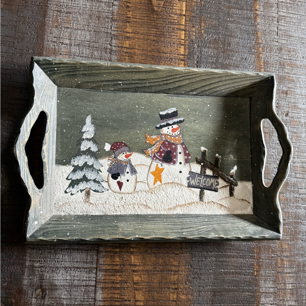 Vintage Christmas Tray Painted Wooden Tray With Snowman Scene Green